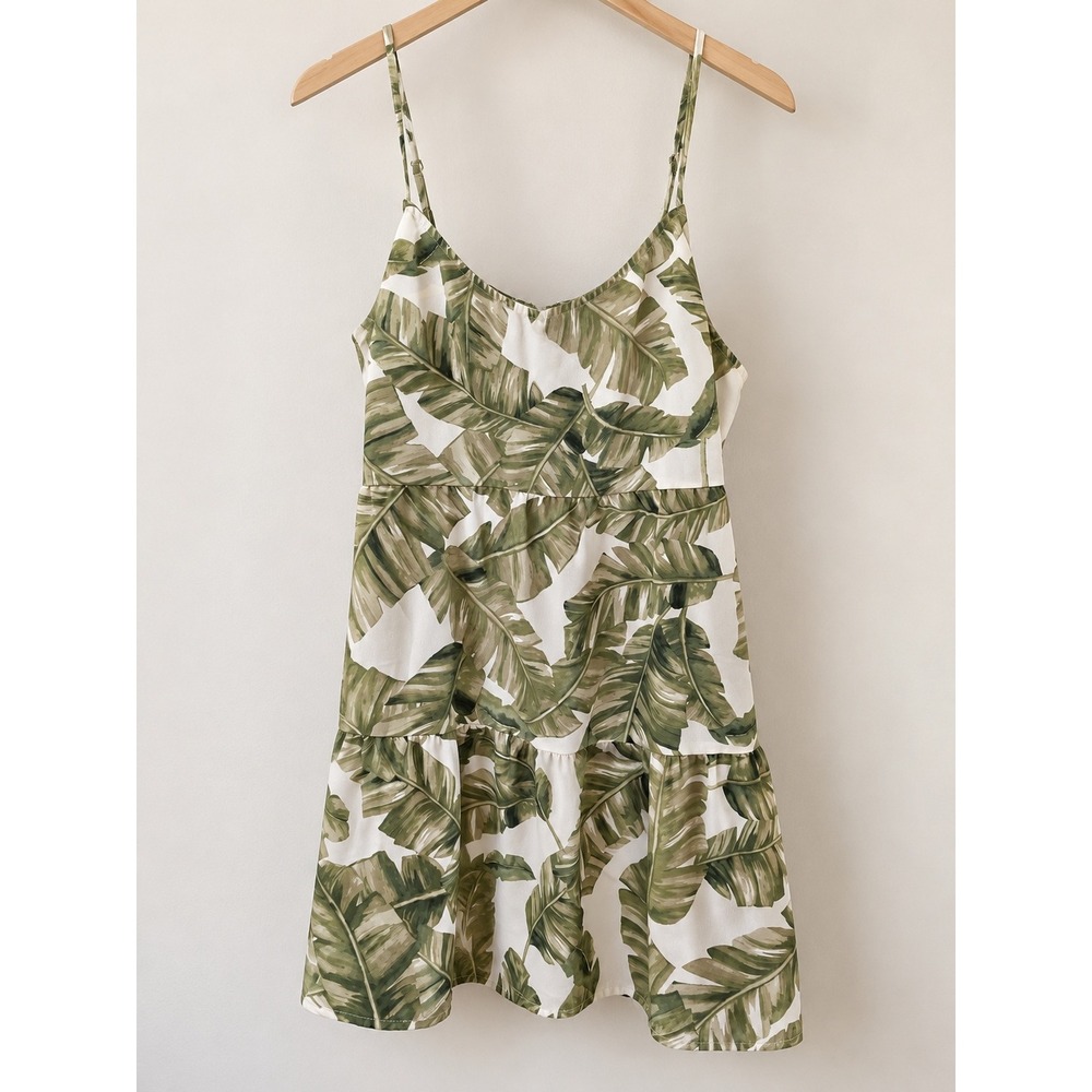 Show Me Your Mumu Green Palm Leaf Print Tiered Mini Dress Size M Tropical V-Neck